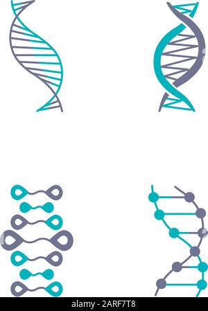 Les icônes de couleur violet et turquoise des brins d'ADN sont définies. Désoxyribonucléique, hélice d'acide nucléique. Brins de spirales. Chromosome. Biologie moléculaire. Code génétique Illustration de Vecteur