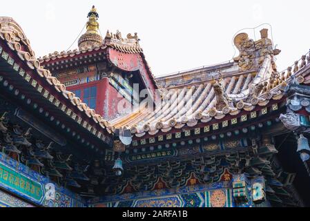 Détails toit aussi appelé temple de Yonghe Temple Lama de l'école Gelug du bouddhisme tibétain dans le district de Dongcheng, Beijing, Chine.