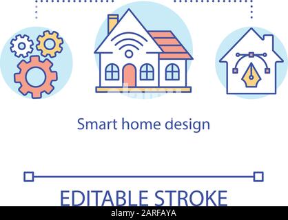 Icône de concept de design intelligent. Développement et configuration de l'automatisation de maison sans fil. Les services de technologie domotique ont une idée de l'illustration de la ligne mince. V Illustration de Vecteur