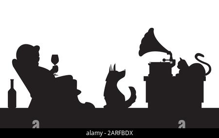 illustration de dessin animé - un homme avec un verre de vin dans une chaise écoute la musique d'un phonographe / silhouette, des objets individuels sur des couches séparées Illustration de Vecteur