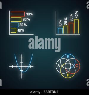 Jeu d'icônes de graphique et de graphique au néon. Histogramme horizontal et vertical avec taux d'intérêt. Courbe de fonction. Diagramme de Venn. Trigonométrie. Affaires. Glo Illustration de Vecteur