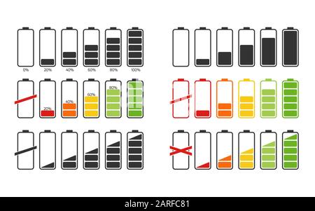 Icônes de l'indicateur de charge de la batterie, graphiques vectoriels. Les icônes de niveau d'énergie GSM sont définies. Symboles vectoriels Illustration de Vecteur