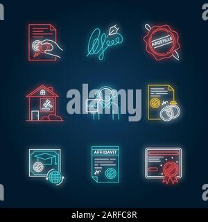 Notaire services néon icônes de lumière ensemble. Apostille et légalisation. Document juridique. Signature, cachet. Centre d'appels. Certificat. Panneaux avec lurage extérieur Illustration de Vecteur