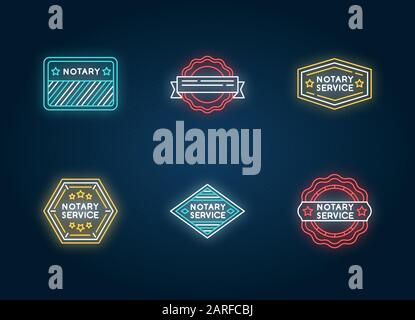 Le service de notaire estampille les icônes de néon ensemble. Apostille et légalisation. Validation. Approbation, confirmation. Signes avec effet brillant extérieur. Vecteur est Illustration de Vecteur