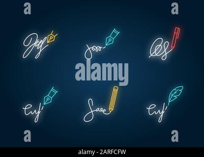 Jeux d'icônes de lampes au néon signatures. Écriture Manuscrite. Autograph. Preuve d'identité. Preuve de consentement. Papier juridique. Signes avec effet brillant extérieur. Vecteur Illustration de Vecteur