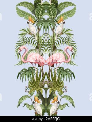 Bordure transparente avec arbres de jungle, flamants et perroquets. Vecteur. Illustration de Vecteur