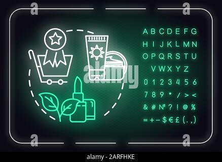 Meilleures ventes, produits de beauté recommandés néon icône concept de lumière. Idée de promotion des cosmétiques. Signe lumineux extérieur avec alphabet, chiffres et symboles. Vec Illustration de Vecteur