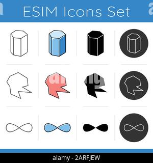 Jeu d'icônes de figures géométriques. Prisme à base hexagonale. Point avec arêtes vives. Signe d'éternité. Formes abstraites. Formes isométriques. Conception plate, linéaire, bla Illustration de Vecteur