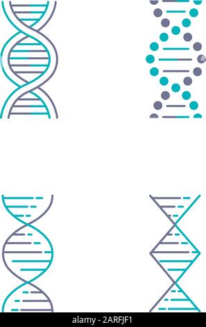 Les icônes de couleur violet et turquoise des brins en spirale d'ADN sont définies. Désoxyribonucléique, hélice d'acide nucléique. Chromosome. Biologie moléculaire. Code génétique. Génome. Ge Illustration de Vecteur