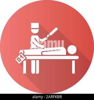 Icône de glyphe d'ombre longue à motif plat rouge d'autopsie. Désambiguisation. Patient décédé. Cadavre avec étiquette. Corps en morgue. Cause de décès. Proce médico-légale Illustration de Vecteur