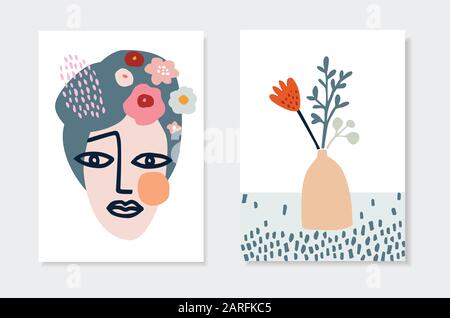 Jeu de cartes de vœux dessinées à la main, invitations. Visage et vase artistiques des femmes avec fleurs printanières. Motif fleuri découpés, motif vectoriel Illustration de Vecteur