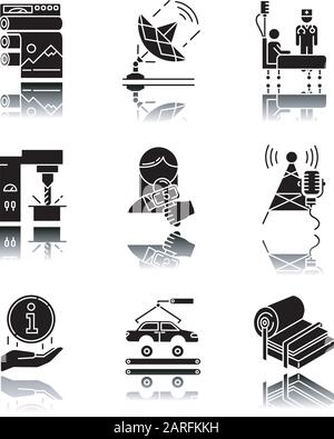 Types d'industrie ensemble d'icônes de glyphe noir d'ombre de goutte. Édition, télécommunications, santé, production d'acier, nouvelles et médias, diffusion, info cent Illustration de Vecteur