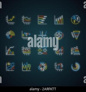 Jeu d'icônes de graphique et de graphique au néon. Diagramme circulaire. Histogramme. Graphique de zone. Diagramme de Venn. Courbe Pareto. Carte de température. Montre polaire. Diagramme de dispersion. Glo Illustration de Vecteur