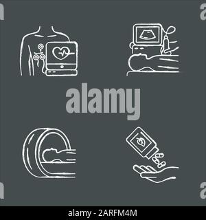 Jeu d'icônes de craie pour procédure médicale. Électrocardiogramme. Diagnostics échographiques. Tomographie. Acquisition cérébrale pour la tumeur. Homéopathie. Pilules naturelles. Supp. De plantes Illustration de Vecteur