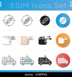 Ensemble d'icônes de procédure médicale. Immunothérapie. Bandage du doigt. Aide médicale d'urgence. Santé. Amburence. Molécules. Conception plate, linéaire, noire et Illustration de Vecteur