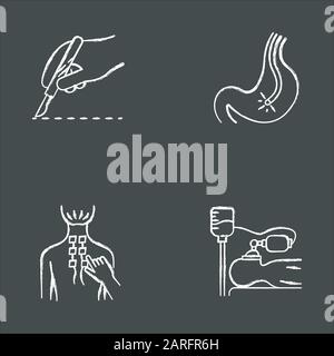 Jeu d'icônes de craie pour procédure médicale. Chirurgie. Endoscopie et gastroscopie. Contrôle du tube digestif. Physiothérapie. Soulagement de la douleur au dos. Anesthésie. Clinique ai Illustration de Vecteur