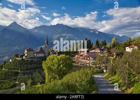 Le petit village de St Georgen ou San Giorgio près de Meran dans le Tyrol du Sud, en Italie, est entouré de vergers de pommes et est noté pour son église ronde. Banque D'Images