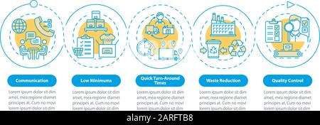 Avantages du modèle infographie vectoriel de production locale. Éléments de conception de présentation commerciale. Visualisation des données, cinq étapes et options. Processus Illustration de Vecteur