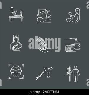 Jeu d'icônes de craie pour procédure médicale. Prothèses de jambe. Diagnostic par ultrasons. Soins de grossesse, pédiatrie. Homéopathie. Test sanguin. Acquisition cérébrale. Couture. Illustration de Vecteur