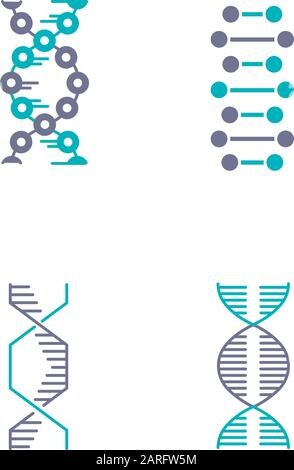 Jeux d'icônes de couleur violet et turquoise pour chaînes en spirale d'ADN. Désoxyribonucléique, hélice d'acide nucléique. Chromosome. Biologie moléculaire. Code génétique. Génome. Gen Illustration de Vecteur