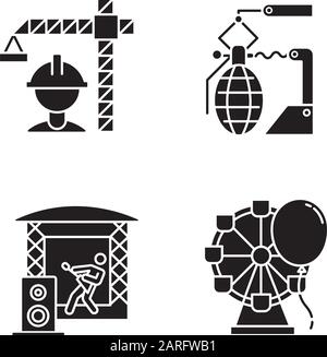 Jeux d'icônes de glyphe de types de secteur. Secteurs de la construction, des armes, de la musique, de l'économie du divertissement. Production de biens et services. Activités des entreprises. Silhou Illustration de Vecteur