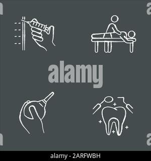 Jeu d'icônes de craie pour procédure médicale. Injection avec seringue. Massage. Lavement. Soins dentaires. Santé bucco-dentaire. Aide clinique. Masseur et patient. Constipatio Illustration de Vecteur