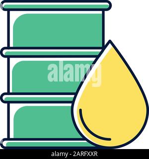 Icône de couleur d'huile dans le corps en métal vert. Goutte de pétrole jaune. Chimie organique. Conteneur en acier à essence. Industrie du carburant. Production et distribution de Illustration de Vecteur