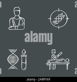 Jeu d'icônes de craie pour procédure médicale. Fonte orthopédique. Aide osseuse fracturée. Immunothérapie. Test génétique. Hélice d'ADN. Diagnostic d'autopsie. La cause de la mort est examina Illustration de Vecteur