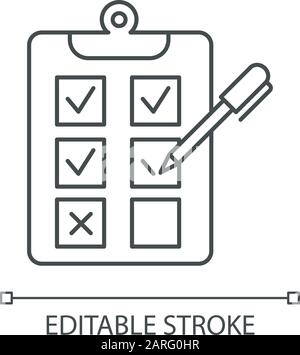 Icône linéaire d'enquête écrite. Choix de l'option. Test d'évaluation. Sélectionnez réponse. Questionnaire. Page dans le presse-papiers. Illustration de la ligne fine. Symbole de contour. Illustration de Vecteur