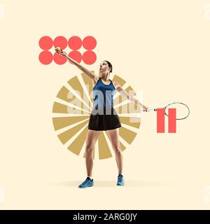 Sport créatif et style géométrique. Joueur de tennis en action, mouvement sur fond jaune. Espace négatif pour insérer votre texte ou votre annonce. Design moderne. Collage d'art contemporain coloré et lumineux. Banque D'Images