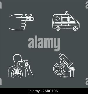 Jeu d'icônes de craie pour procédure médicale. Bandage du doigt blessé. Soins d'urgence. Transport ambulancier. Bronchoscopie. Examen de santé pulmonaire. Infection l Illustration de Vecteur