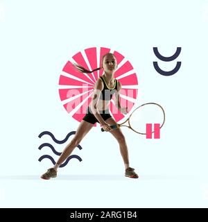 Sport créatif et style géométrique. Joueur de tennis en action, mouvement sur fond bleu. Espace négatif pour insérer votre texte ou votre annonce. Design moderne. Collage d'art contemporain coloré et lumineux. Banque D'Images