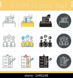 Les icônes des méthodes d'enquête sont définies. Sondage anonyme. Groupe de discussion. Questionnaire. Commentaires. Évaluation. L'opinion publique. Collecte de données. Conception de glyphes, linéaire, cha Illustration de Vecteur