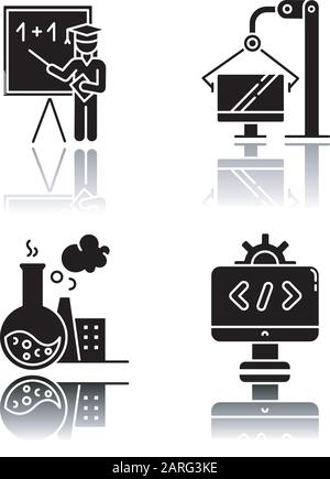 Types d'industrie ensemble d'icônes de glyphe noir d'ombre de goutte. Éducation, production télévisée, industrie chimique, programmation et codage. Services et fabricant Illustration de Vecteur