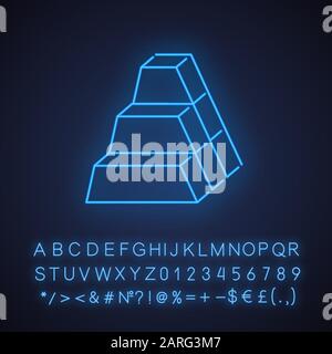 Briques néon icône. Stock de blocs. Figures géométriques. Côté trapézoïdal. Forme abstraite. Forme isométrique. Signe lumineux avec alphabet, chiffres et Illustration de Vecteur