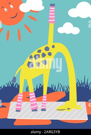 Une girafe drôle faire du yoga en plein air dans un parc. Illustration du livre pour enfants. Illustration de Vecteur