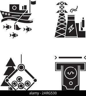 Jeux d'icônes de glyphe de types de secteur. Pêche, énergie, bois, secteurs financiers de l'économie. Sphères d'activité. Production de biens et services. Silhouette sym Illustration de Vecteur