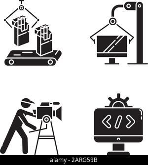 Jeux d'icônes de glyphe de types de secteur. Types de secteurs d'activité, jeu d'icônes de couleur. Tabac, informatique, production de films, secteurs logiciels de l'économie. Symboles silhouette. V Illustration de Vecteur