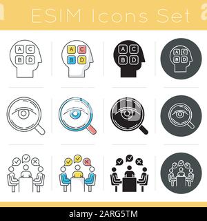 Les icônes des méthodes d'enquête sont définies. Analyse. Entretien. Questionnaire administré par groupe. Test de personnalité. Commentaires. Sociologie. Conception glyphe, linéaire, craie an Illustration de Vecteur