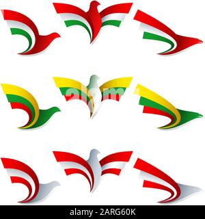 Ensemble d'emblèmes des oiseaux stylisés; aile d'un aigle; aile d'un pigeon; drapeau de Hongrie, Lituanie, Autriche; Eps8 Illustration de Vecteur