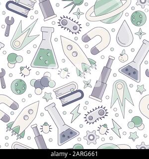 Retour au modèle scolaire. Science modèle plat sans soudure avec éléments scientifiques - molécule, structure d'atome, roquette, livres, eau et autre sur un Illustration de Vecteur