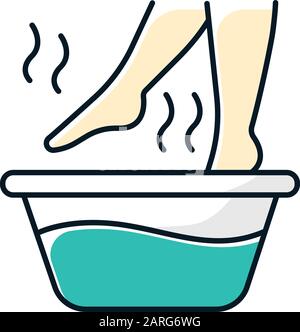 Icône de couleur pour le bain des pieds. Levez la jambe dans de l'eau chaude. Soins au spa. Traitement commun à froid. Soins de santé et soins de la peau. Bien-Être. Infection à la grippe, aide au virus de la grippe. S Illustration de Vecteur
