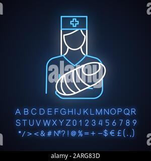 Icône Pediatrics Neon light. Infirmière avec bébé. Médecin transportant le nourrisson. Garde D'Enfants. Nouveau-né prématuré. Procédures médicales. Signe lumineux avec alphabet, num Illustration de Vecteur