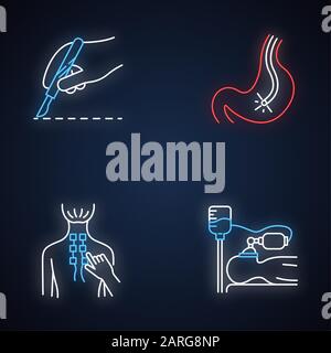 Kit d'icônes de lumière néon pour procédure médicale. Chirurgie. Endoscopie et gastroscopie. Tube digestif, contrôle de l'estomac. Physiothérapie. Anesthésie. Aide clinique. G Illustration de Vecteur