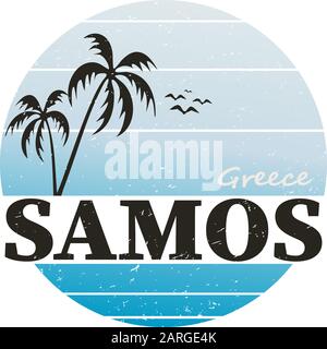 Samos map vintage bleu timbre. Étiquette, badge ou élément de style rétro faits à la main pour les souvenirs de voyage. Illustration vectorielle. Illustration de Vecteur