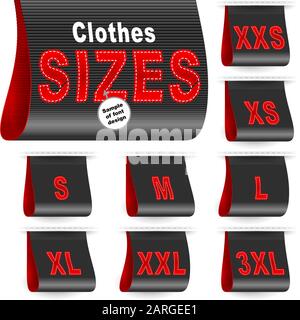 Etiquettes de taille de vêtements avec symboles brodés de dimensions de vêtement XXS, XS, S, M, L, XL, XXL, XXXL ; ensemble vectoriel d'icônes noires Illustration de Vecteur