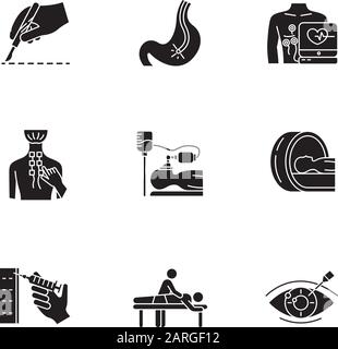 Jeu d'icônes de glyphe de procédure médicale. Chirurgie. Endoscopie. Électrocardiogramme. Physiothérapie. Anesthésie. Tomographie. Massage. Correction de la vision. Silhouett Illustration de Vecteur