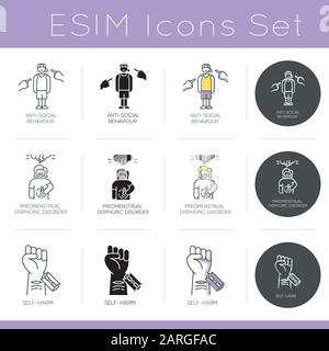 Ensemble d'icônes de troubles mentaux. Comportement anti-social. Disphorie prémenstruelle. Auto-préjudice. Intimidation et harcèlement. Couper la veine. Conception plate, linéaire, noire A Illustration de Vecteur