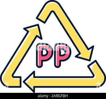 Icône de couleur de symbole jaune PP. Marquage polymère thermoplastique. Code d'identification de la résine. Recyclage du plastique. Triangle de flèche. Chimie organique. Environnement Illustration de Vecteur