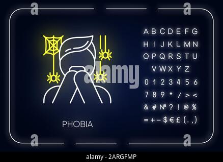 Icône de lumière néon phobie. Peur des araignées. Arachnophobie. Homme effrayé et terrifié. Horreur. Attaque de panique. Trouble mental. Signe lumineux avec alphabet, Illustration de Vecteur